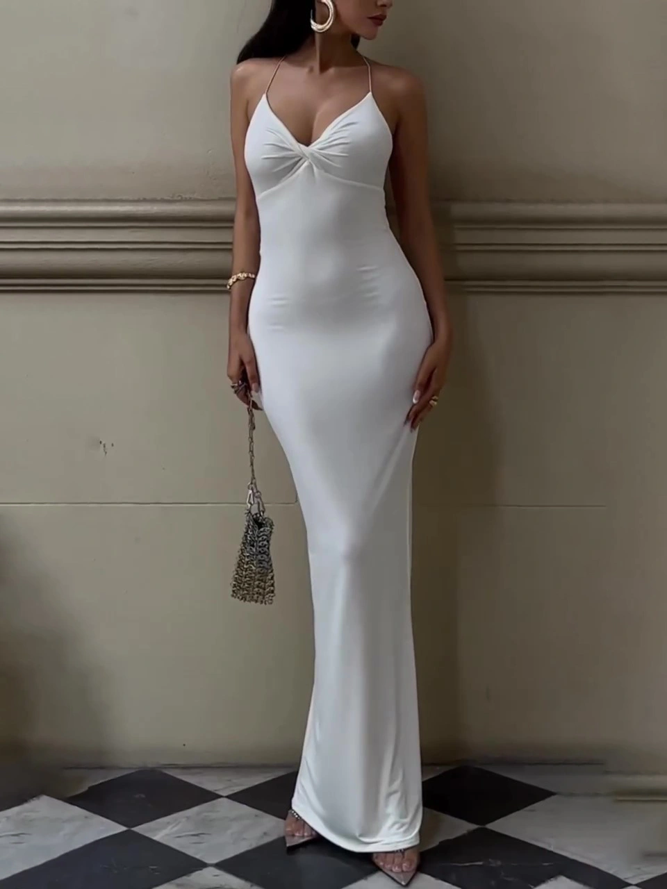 White Twisted Backless Strap Maxi Dress