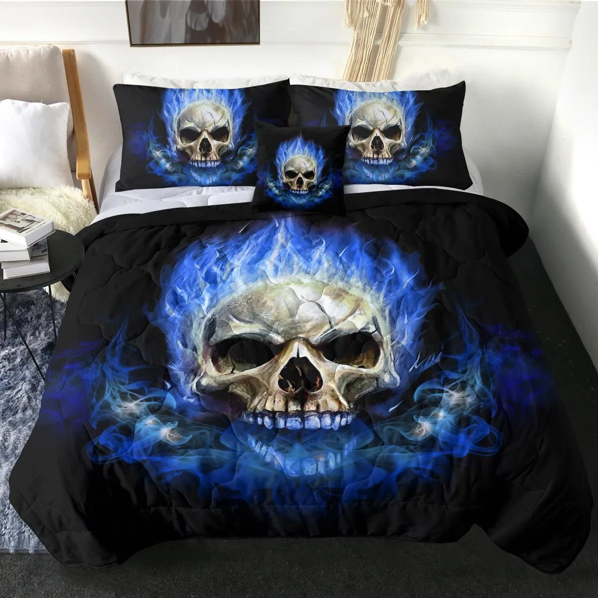Dark Blue Ghost Fire Skull Horror Wind Quilt Cover Three-piece Set Full Size Suitable For Men And Women Adults Exclusive For Cross-border
