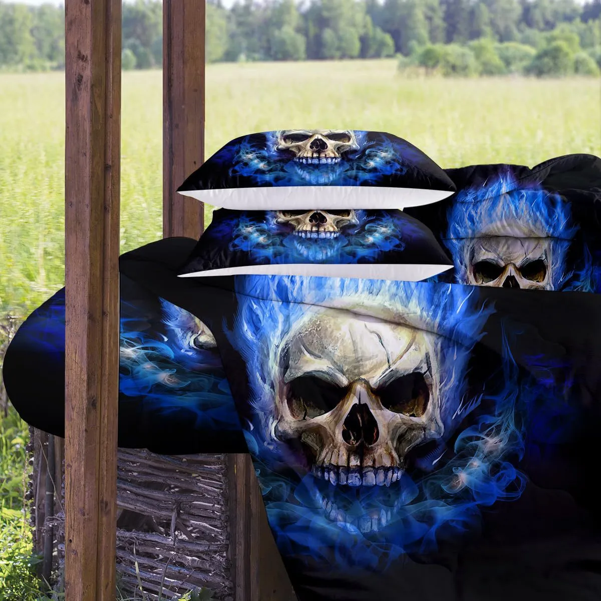 Dark Blue Ghost Fire Skull Horror Wind Quilt Cover Three-piece Set Full Size Suitable For Men And Women Adults Exclusive For Cross-border