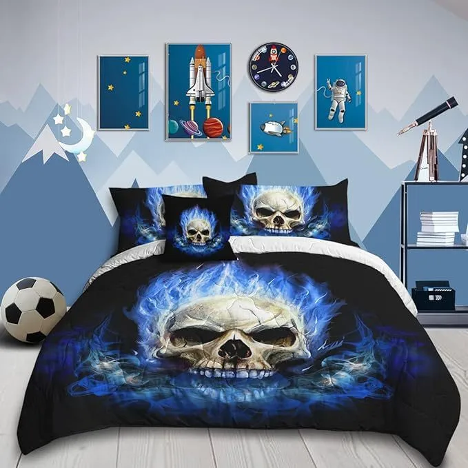 Dark Blue Ghost Fire Skull Horror Wind Quilt Cover Three-piece Set Full Size Suitable For Men And Women Adults Exclusive For Cross-border