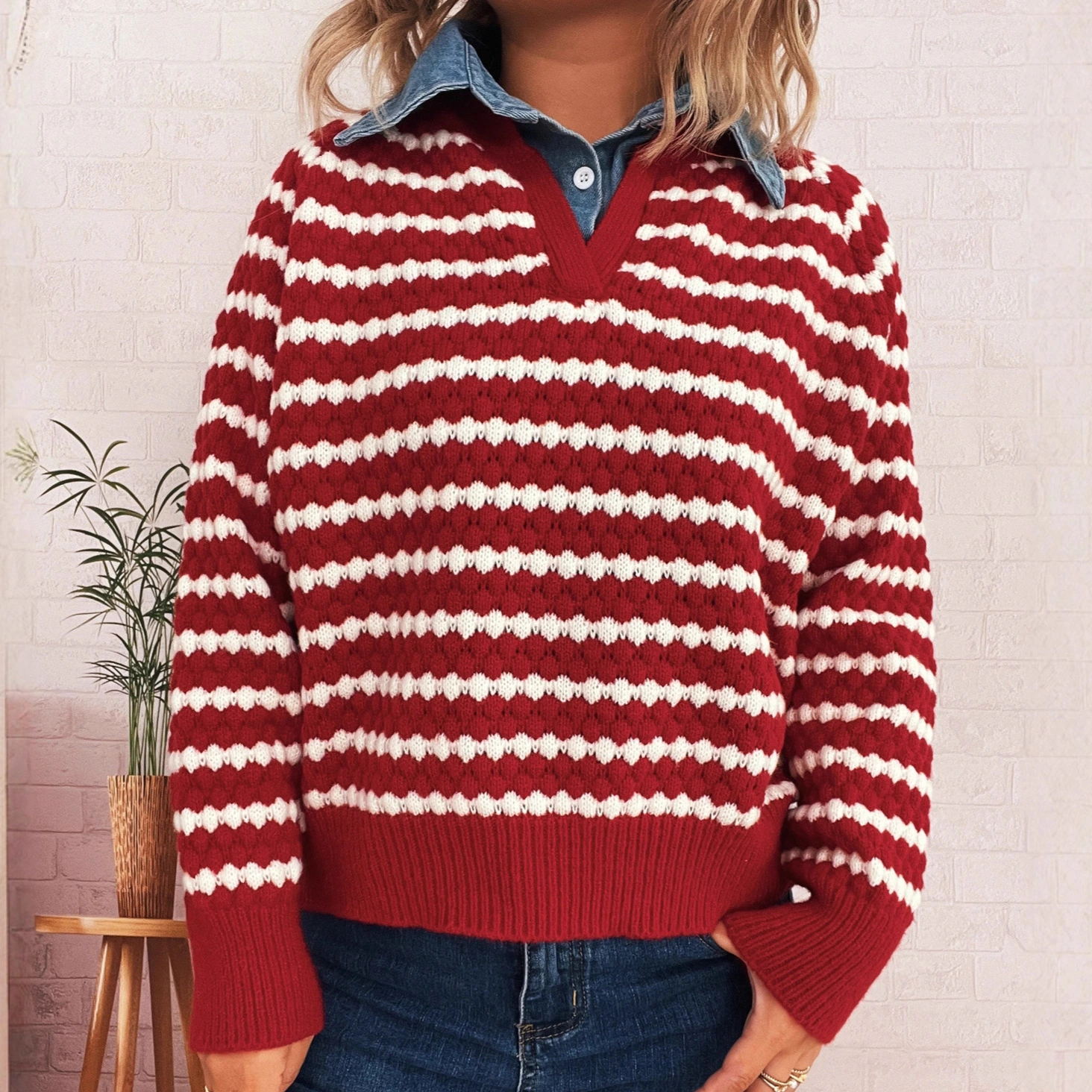 Women's Denim Patchwork Lapel Knitted Stripe Color Block Fake Two-piece Sweater