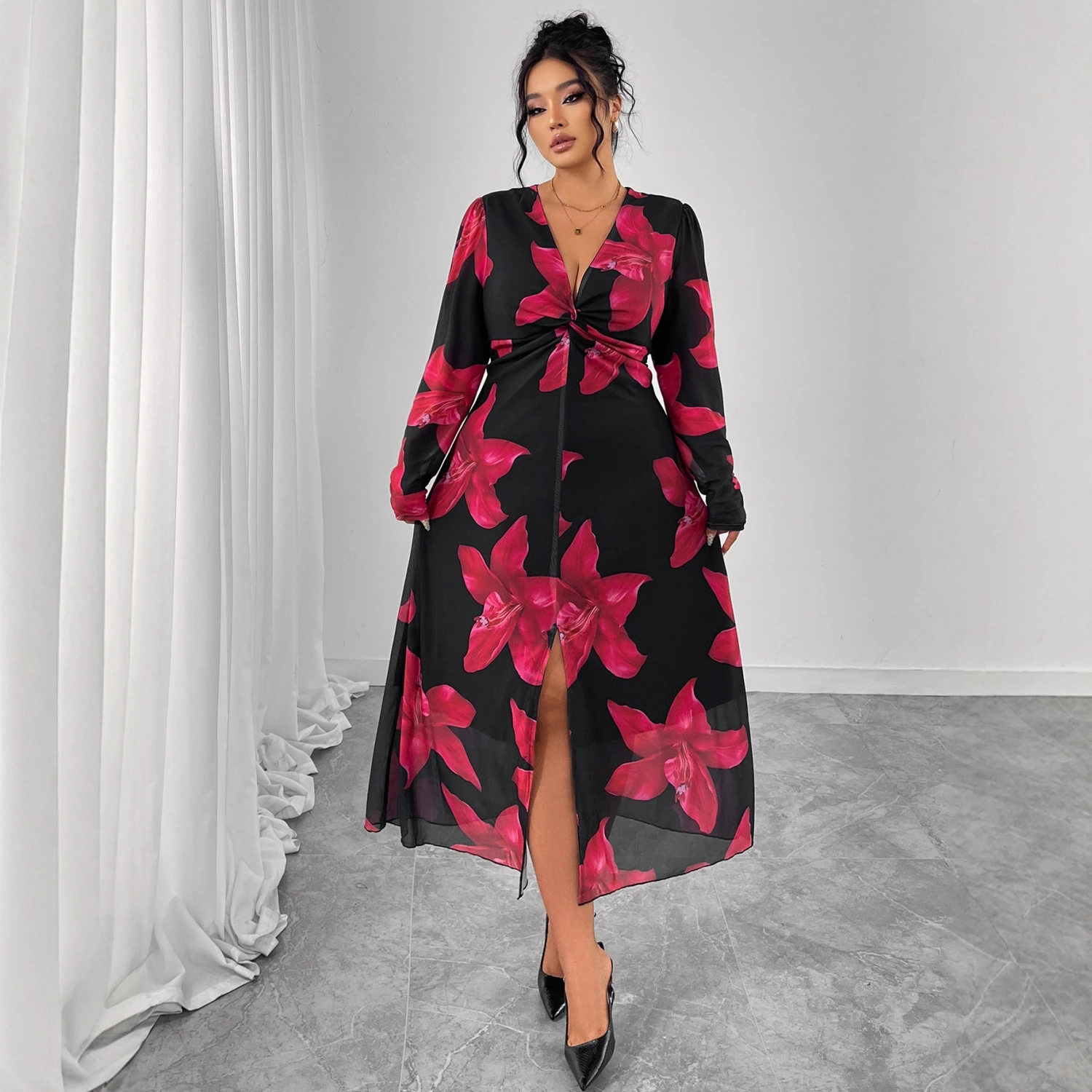 Floral High-end Waist-cinching Slimming Dress