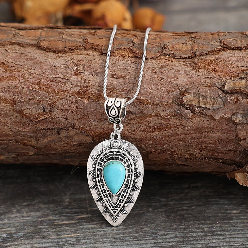 Vintage Carved Water Drop Pendant Bohemian Necklace Clothes Accessories