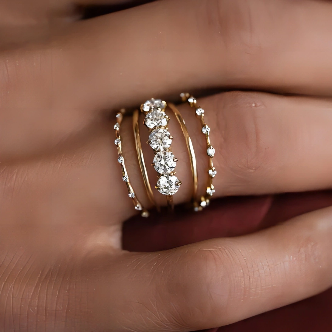 Temperament Round Zircon Copper Inlaid Diamond Women Stackable 5-piece Ring Set