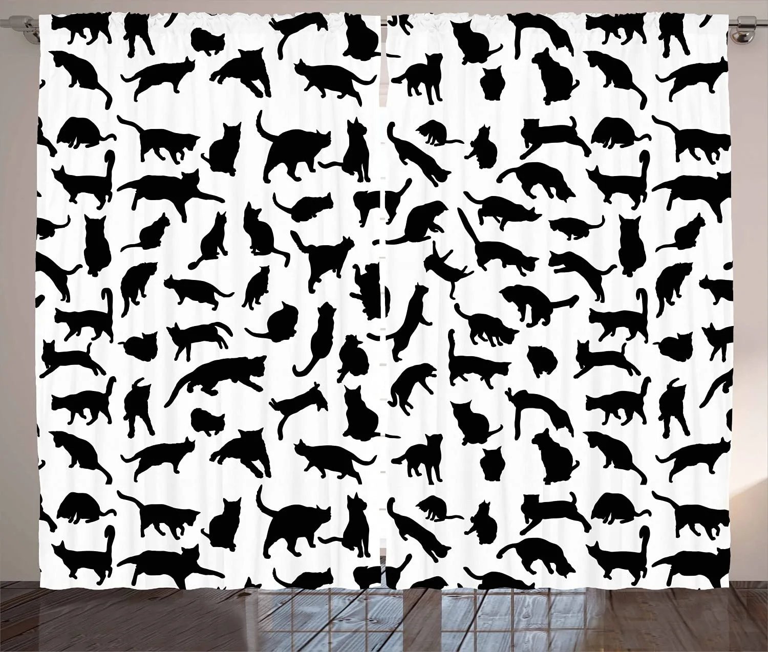 Ambesonne Cat Lover Curtains, Black Silhouettes of Cats in Different Poses Scratching Stretching and Playing, Living Room Bedroom Window Drapes 2 Panel Set, 108" X 63", White and Black