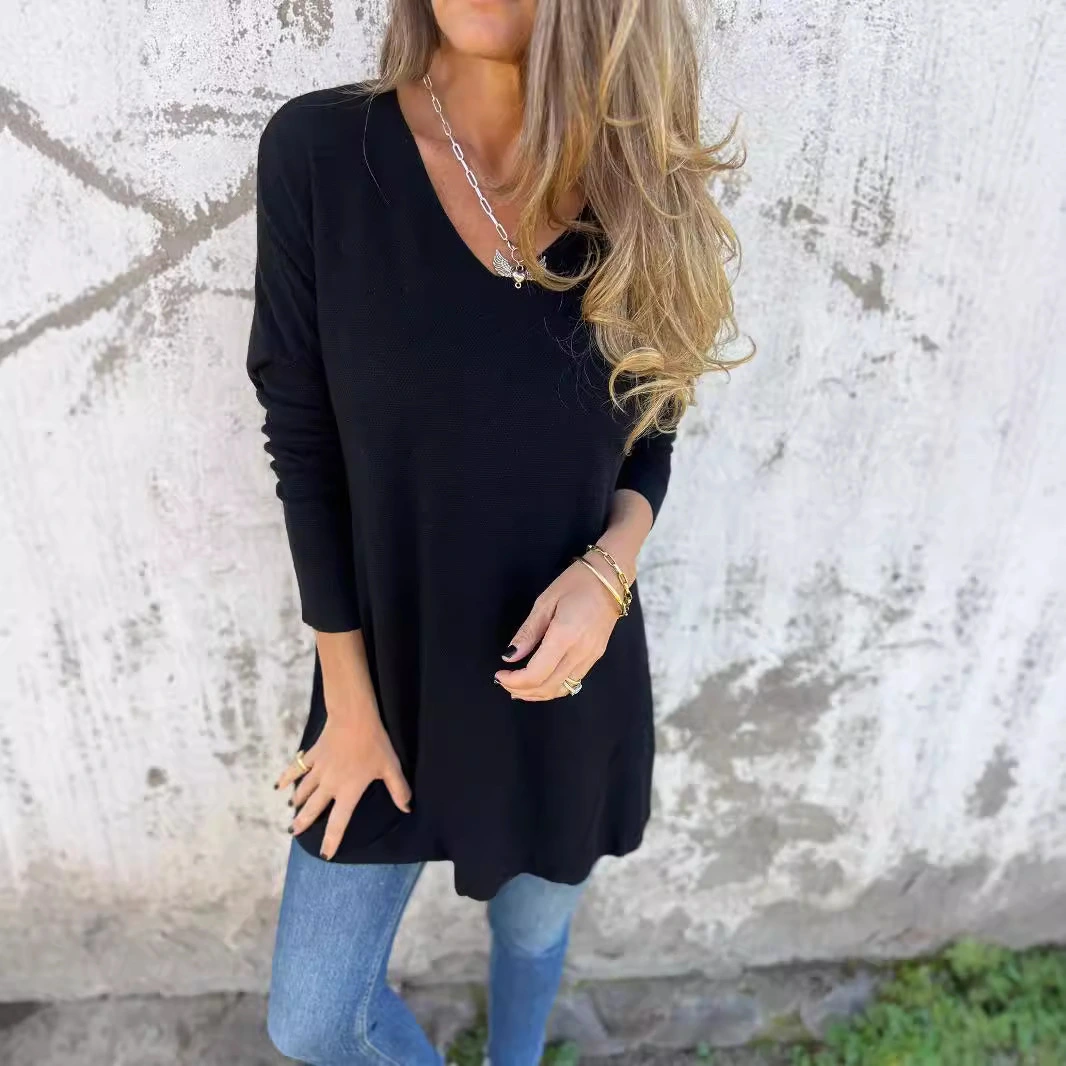 Solid Color V-neck Knitted Sweater Loose Top Women's Clothing
