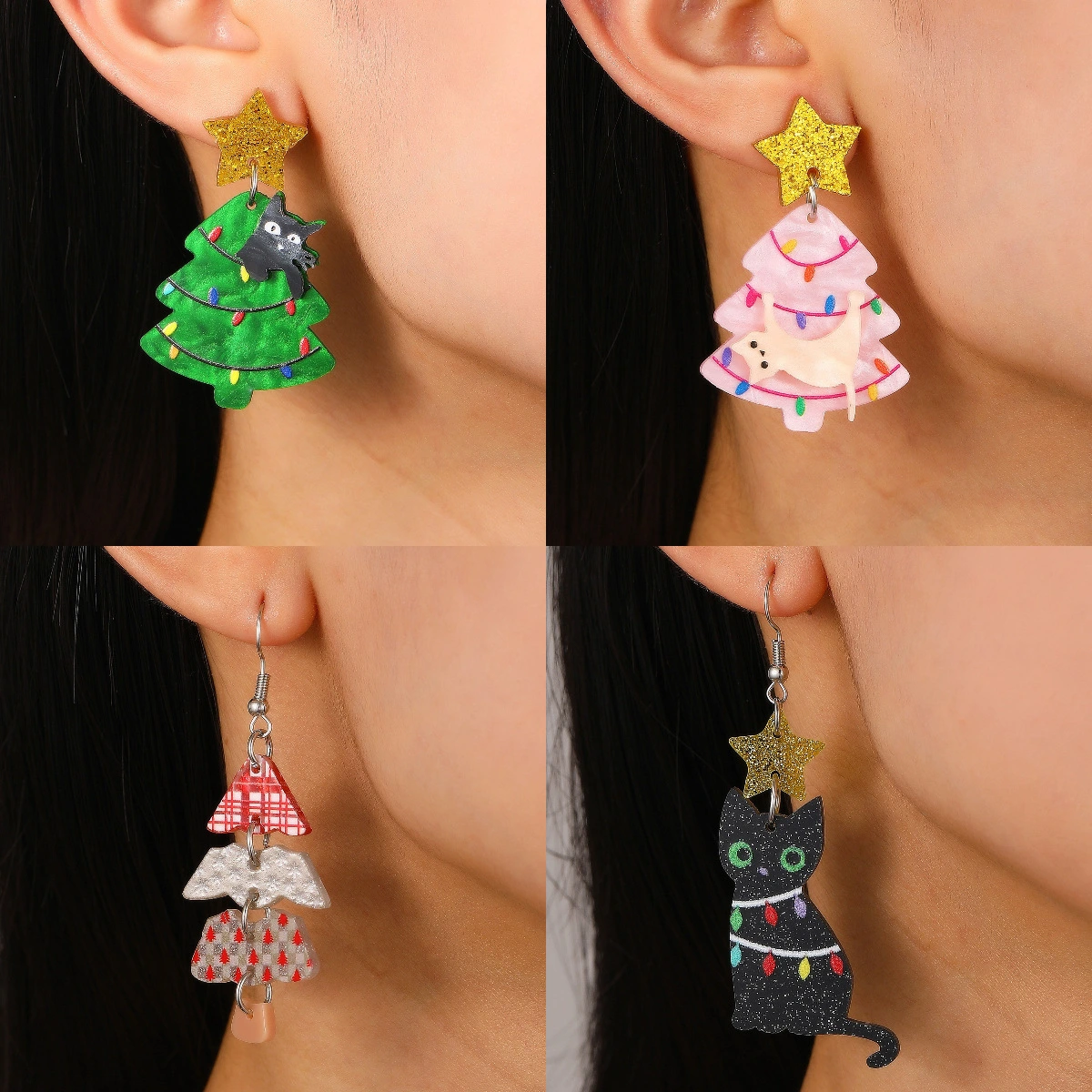 Christmas Tree Kitty Creative Christmas Acrylic Earrings