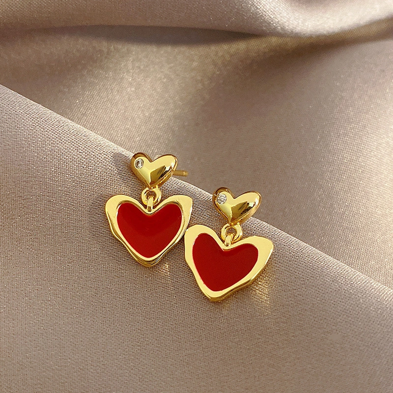 Sterling Silver Needle Red Oil-spot Glaze Love Heart Earrings Women's Retro