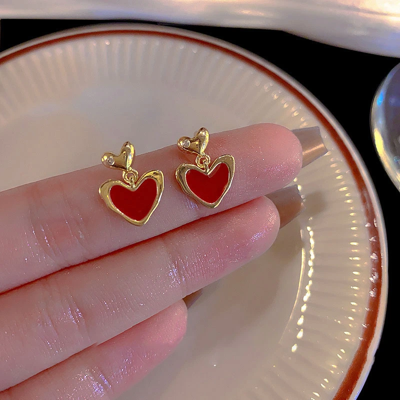 Sterling Silver Needle Red Oil-spot Glaze Love Heart Earrings Women's Retro