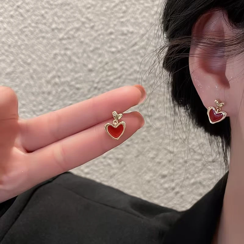 Sterling Silver Needle Red Oil-spot Glaze Love Heart Earrings Women's Retro