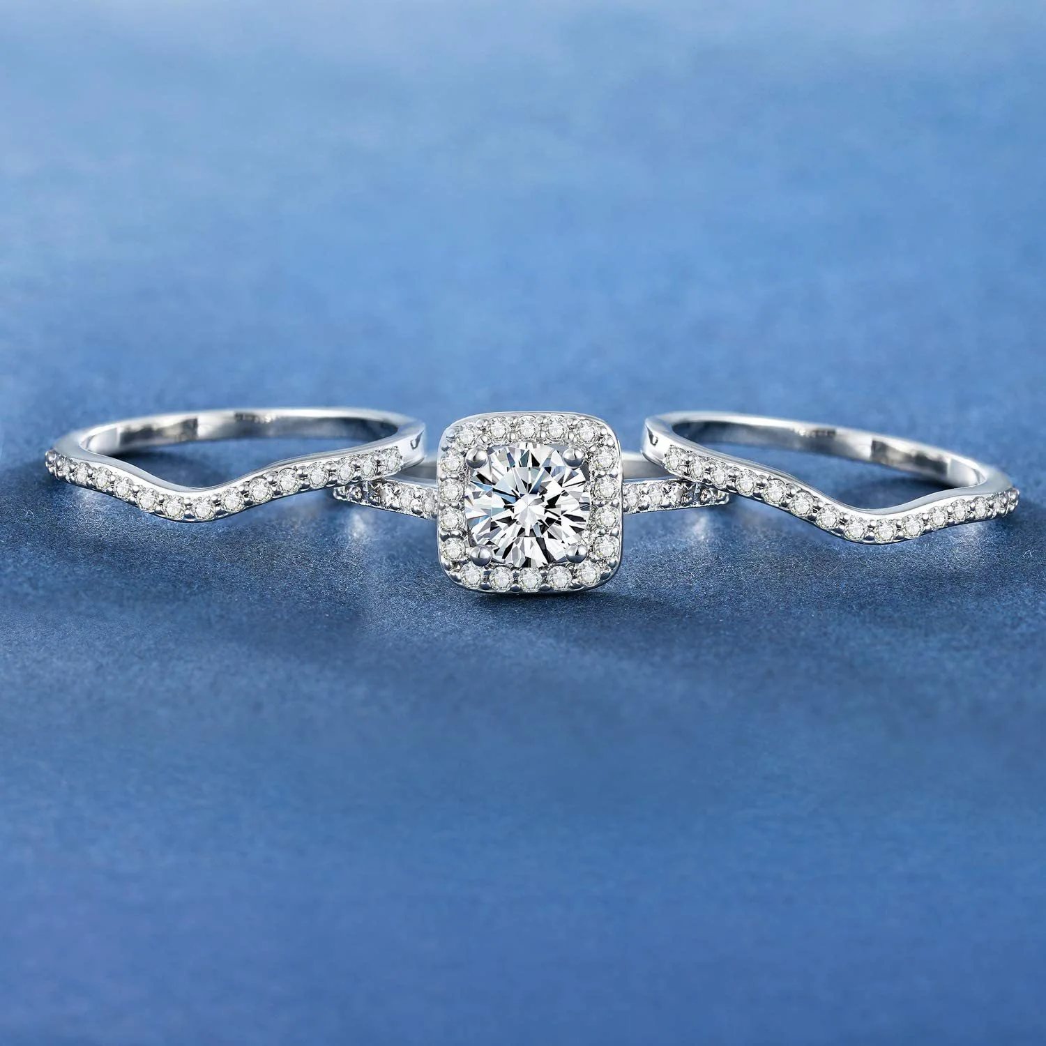 White Gold Plated Square Zircon Three-piece Stackable Engagement Ring