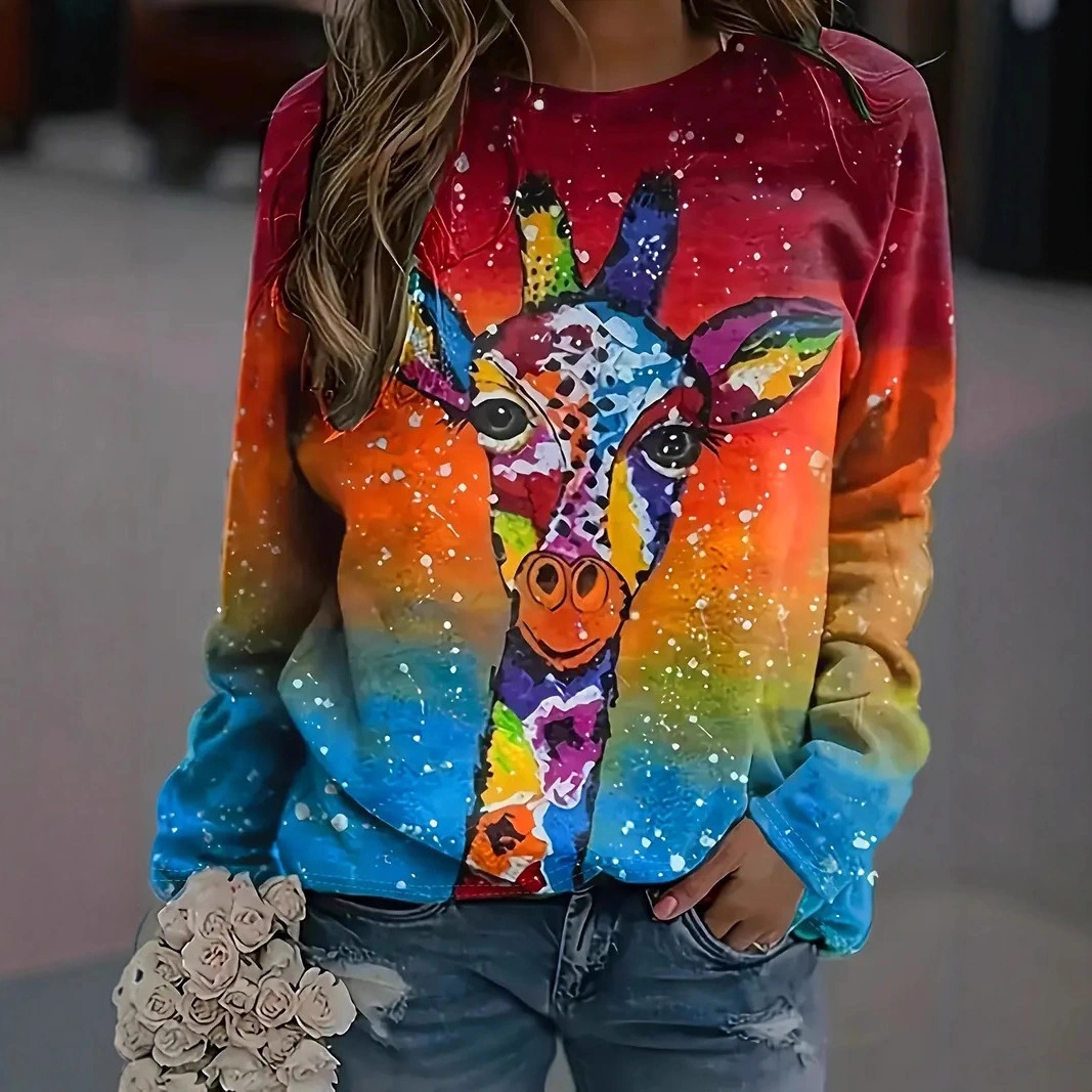 Crew-neck Top With 3D Animal All-over Print Faux-fleece Hoodie