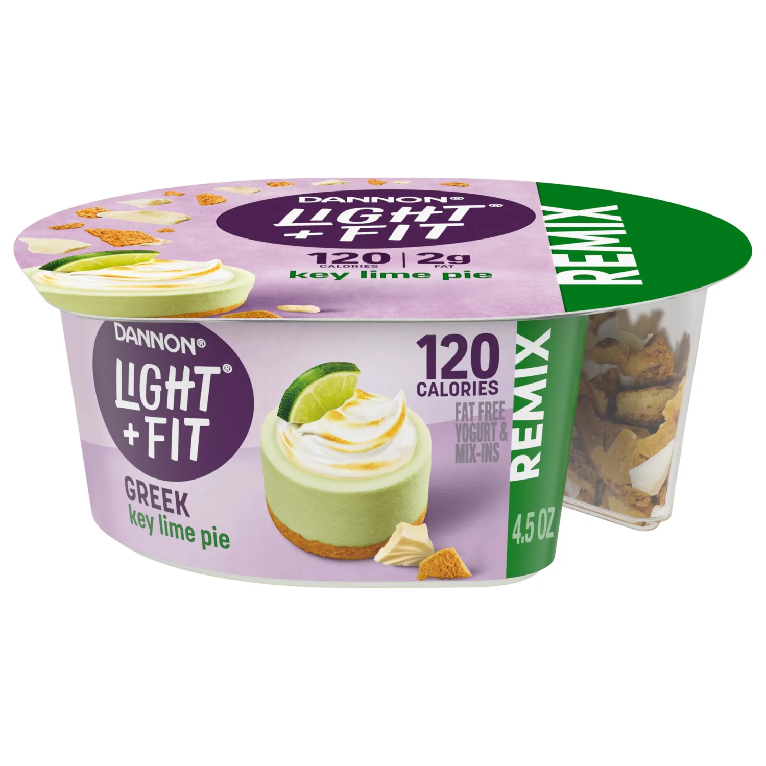 Dannon Light + Fit REMIX Key Lime Pie Nonfat Greek Yogurt with Graham Cookies and White Fudge Chunks Mix-Ins, 4.5 OZ Yogurt Cups