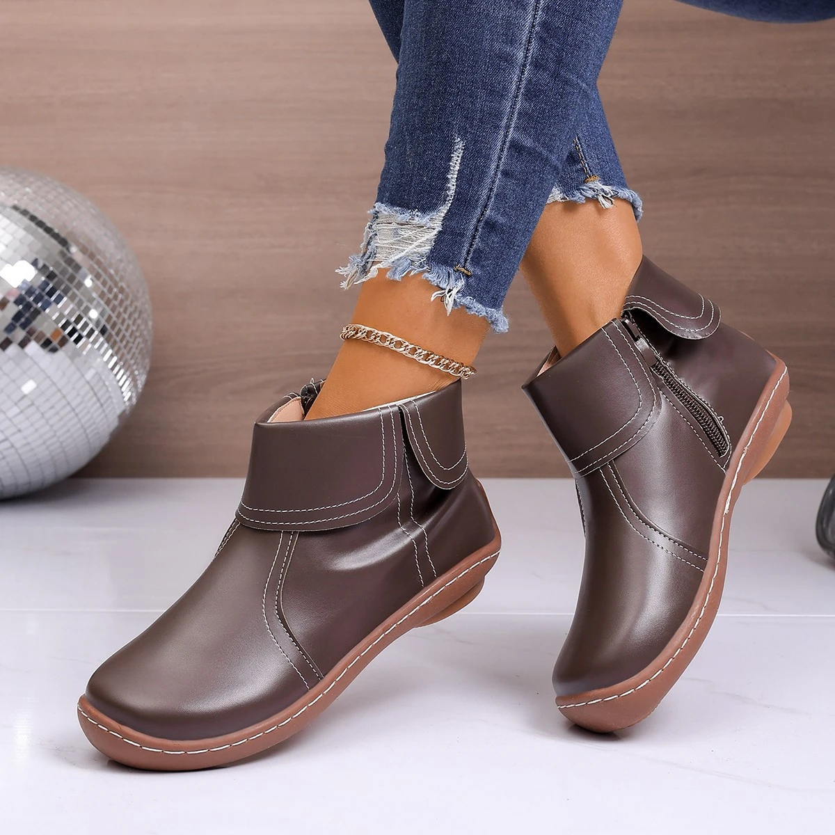 Round-Toe Side-Zip Short-Boot Martin Boots With Stitched Edges
