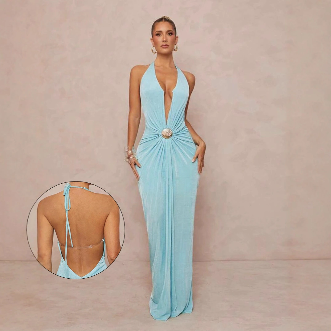 Deep V-neck Halter Dress With Open Back For Beach Vacations