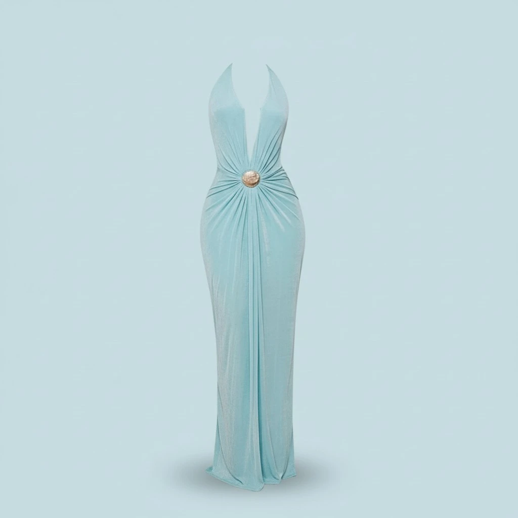 Deep V-neck Halter Dress With Open Back For Beach Vacations