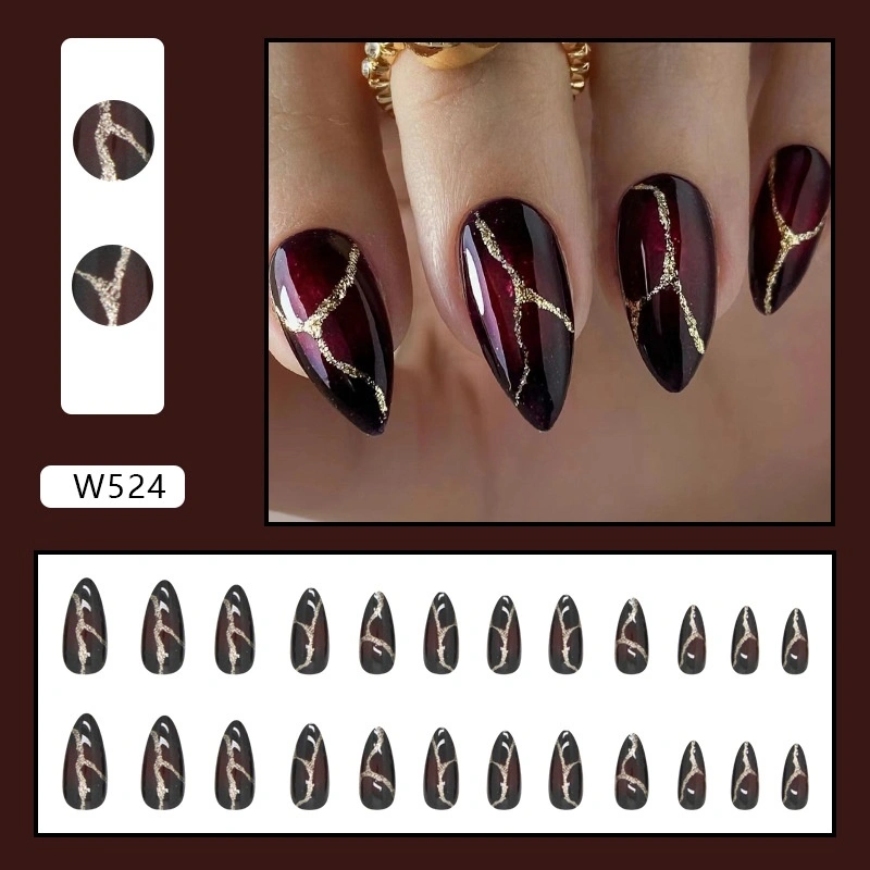 Fake Nails Gold Powder Stone Pattern Dark Red Wear