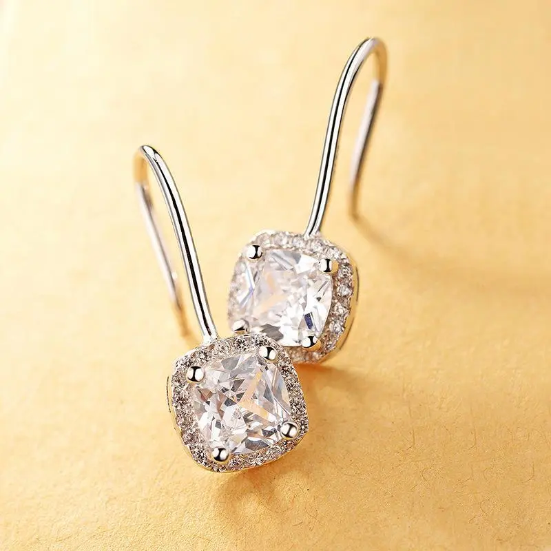 925 Sterling Silver Small Square Diamond Earrings For Women