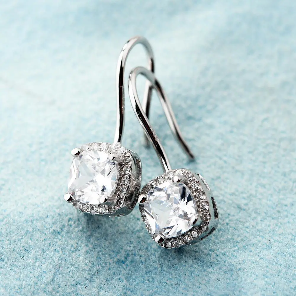 925 Sterling Silver Small Square Diamond Earrings For Women