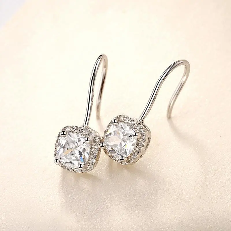 925 Sterling Silver Small Square Diamond Earrings For Women