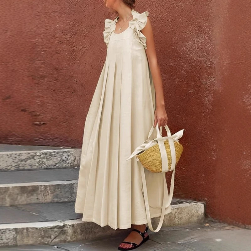 Women's Casual Long Ruffle-Trimmed Solid-Color Dress