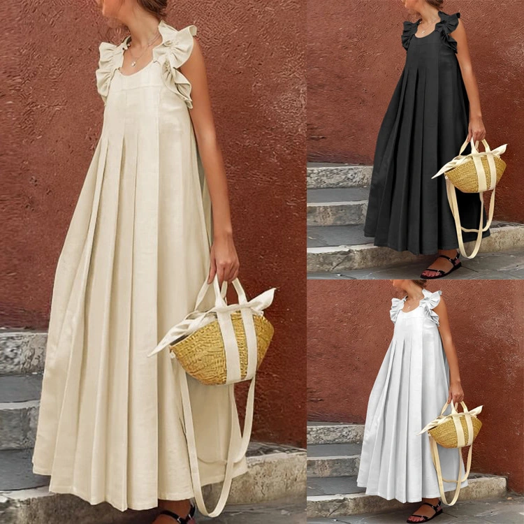 Women's Casual Long Ruffle-Trimmed Solid-Color Dress
