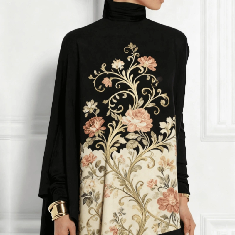 Turtleneck Vintage Floral Print Top