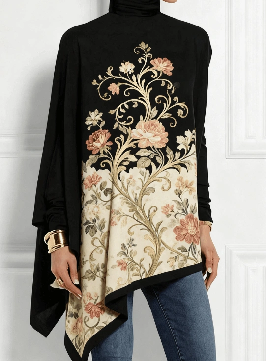 Turtleneck Vintage Floral Print Top