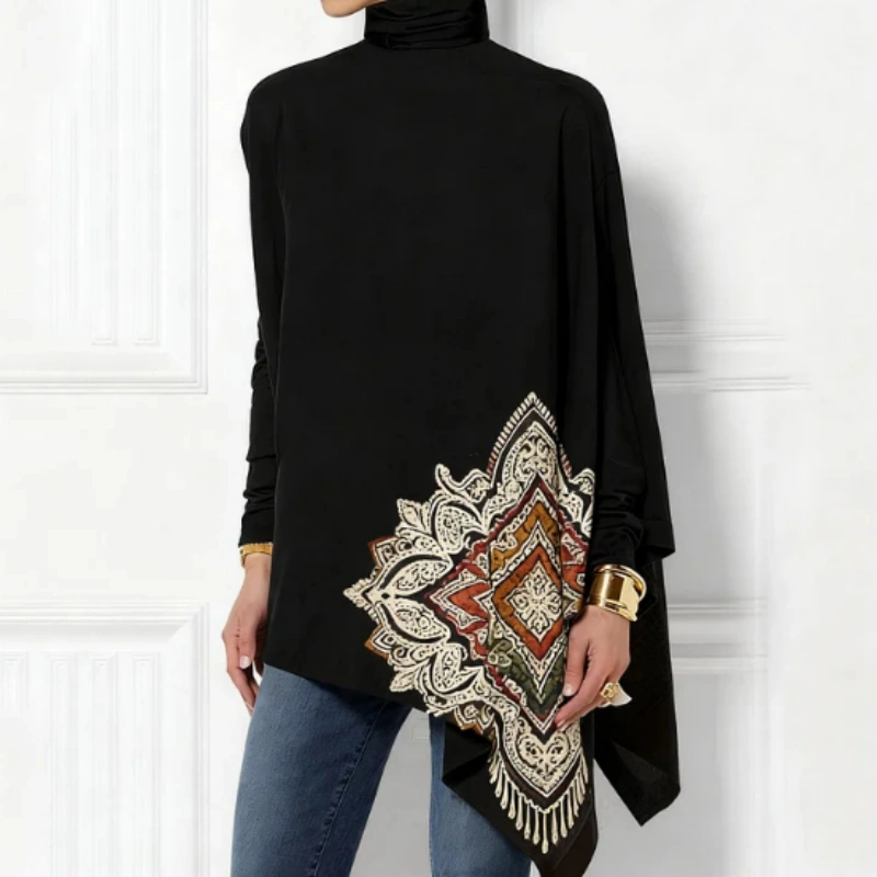 Women's Black Boho Mandala Print Turtleneck Tunic
