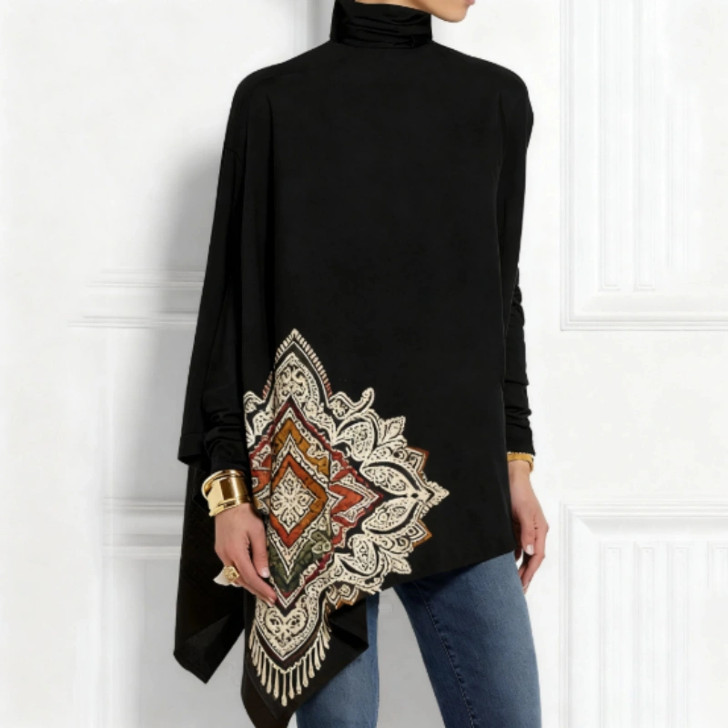 Women's Black Boho Mandala Print Turtleneck Tunic