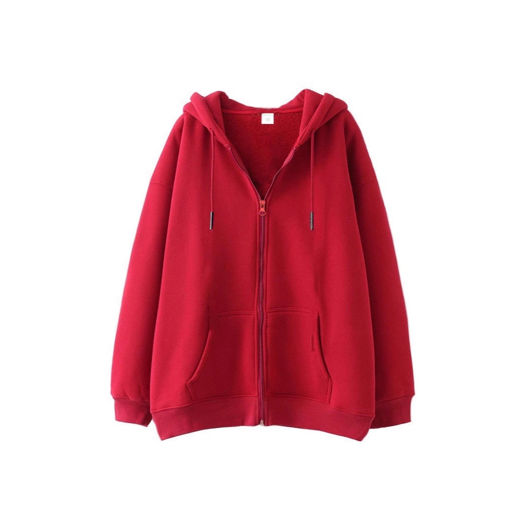 Full-zip Hoodie With Fleece-lined Solid-color Sweatshirt