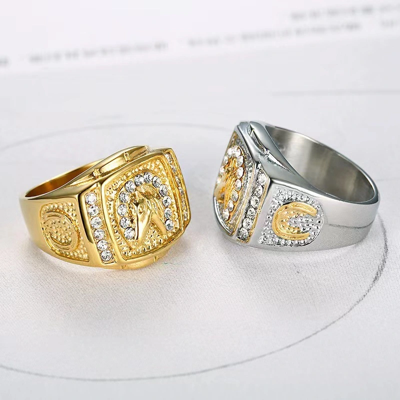 Stainless Steel Gold-plated Diamond-encrusted Rune Horse Head Men's Ring