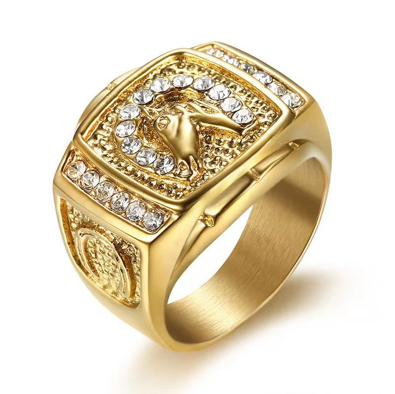 Stainless Steel Gold-plated Diamond-encrusted Rune Horse Head Men's Ring
