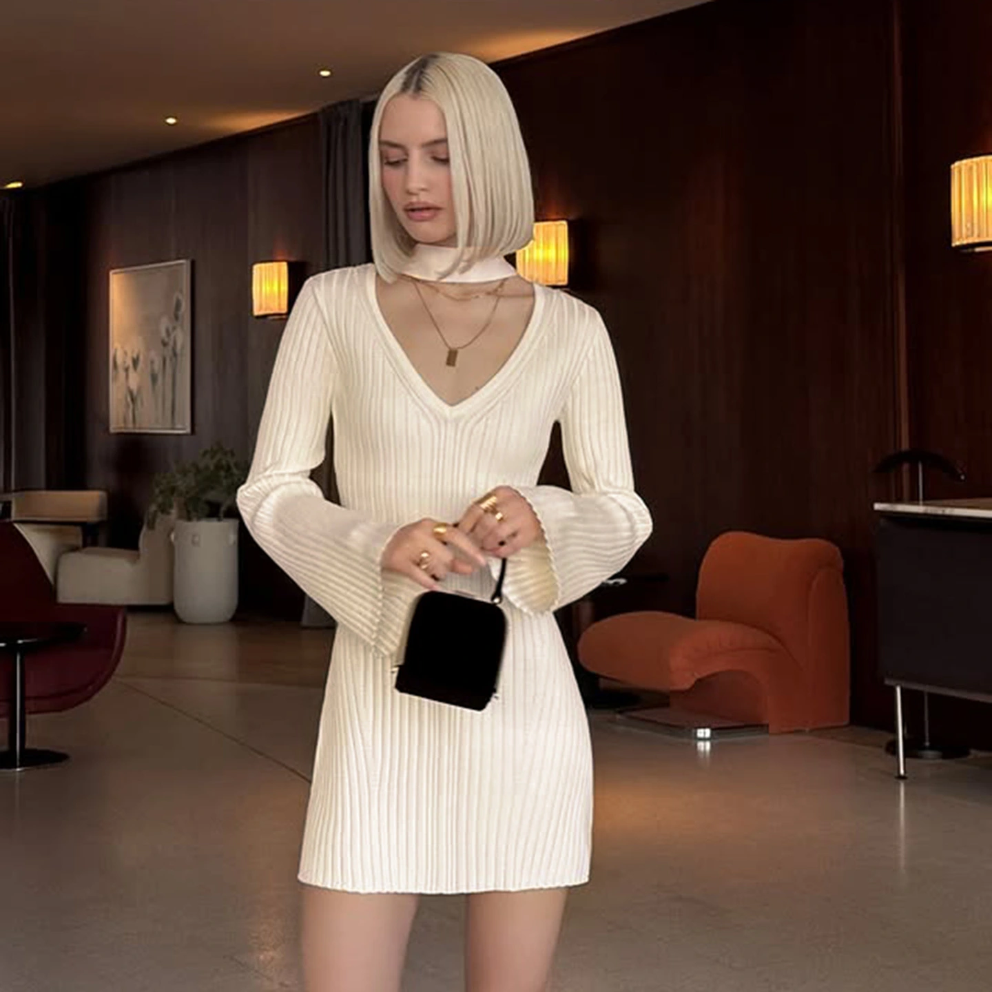 V-neck Scarf Tie-waist Design Slim-fit Knitted Dress