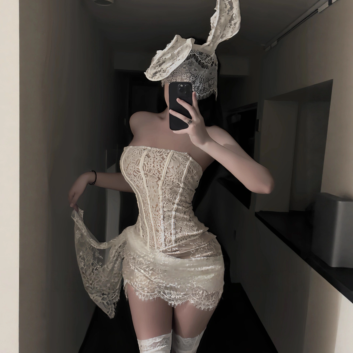 Lace-up Fitted Mesh Bandeau Dress With A Peplum Hem