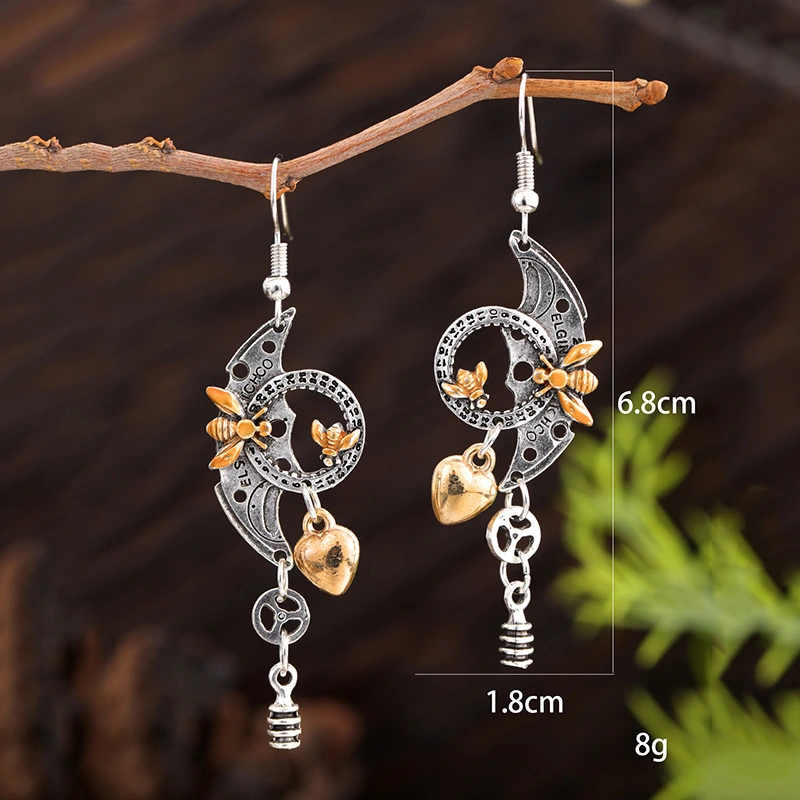 Geometric Crescent Golden Bee Personalized Eardrops Handmade Long