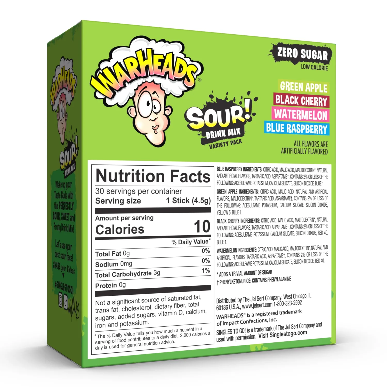 Warheads Singles To Go Sour Drink Mix, 30 Sticks, Variety Pack (Green Apple, Black Cherry, Watermelon, Blue Raspberry), Zero Sugar, Low Calorie