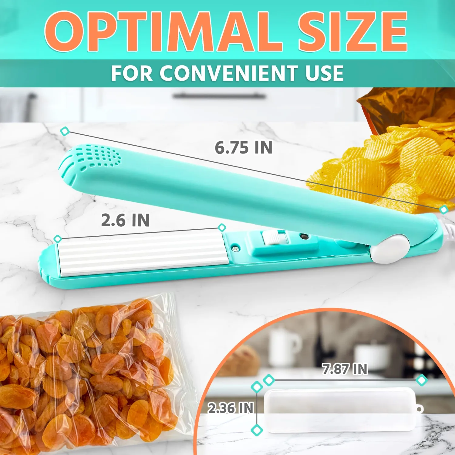 Mini Bag Sealer - 6.75" Easy to Use Mini Heat Sealer with Quick Heating Ceramic Plate, Heat-Resistant ABS, Built-In Switch, Led Indicator & Storing Case - Chip Bag Crimper for Fast Sealing