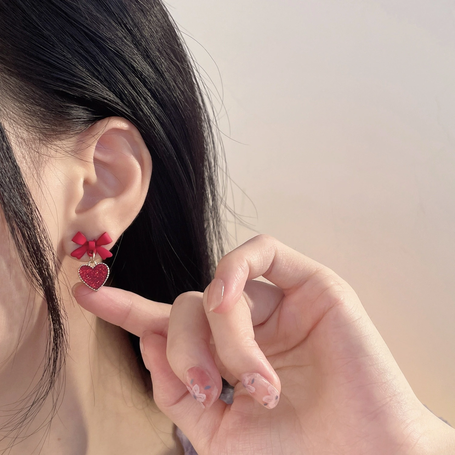 Silver Needle Red Bow Stud Earrings