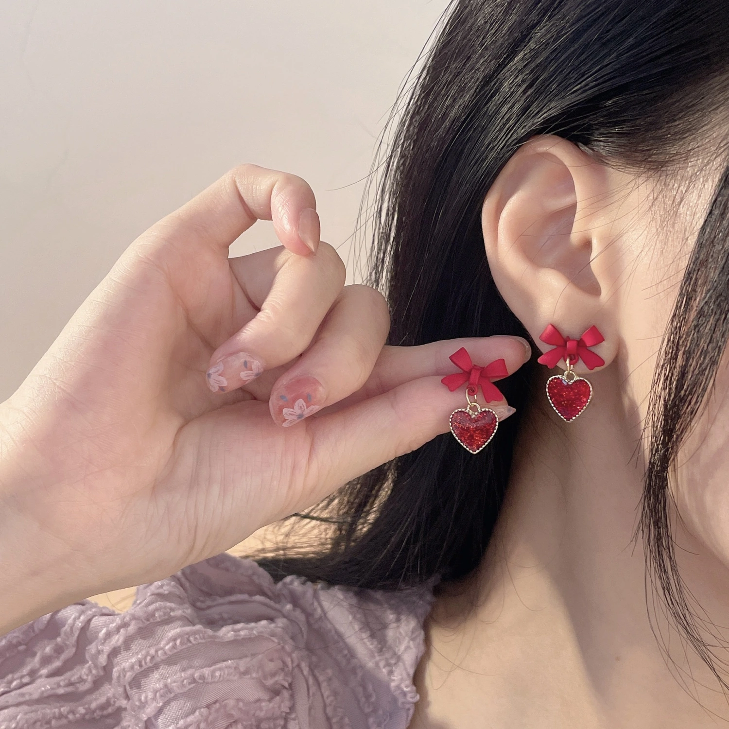 Silver Needle Red Bow Stud Earrings