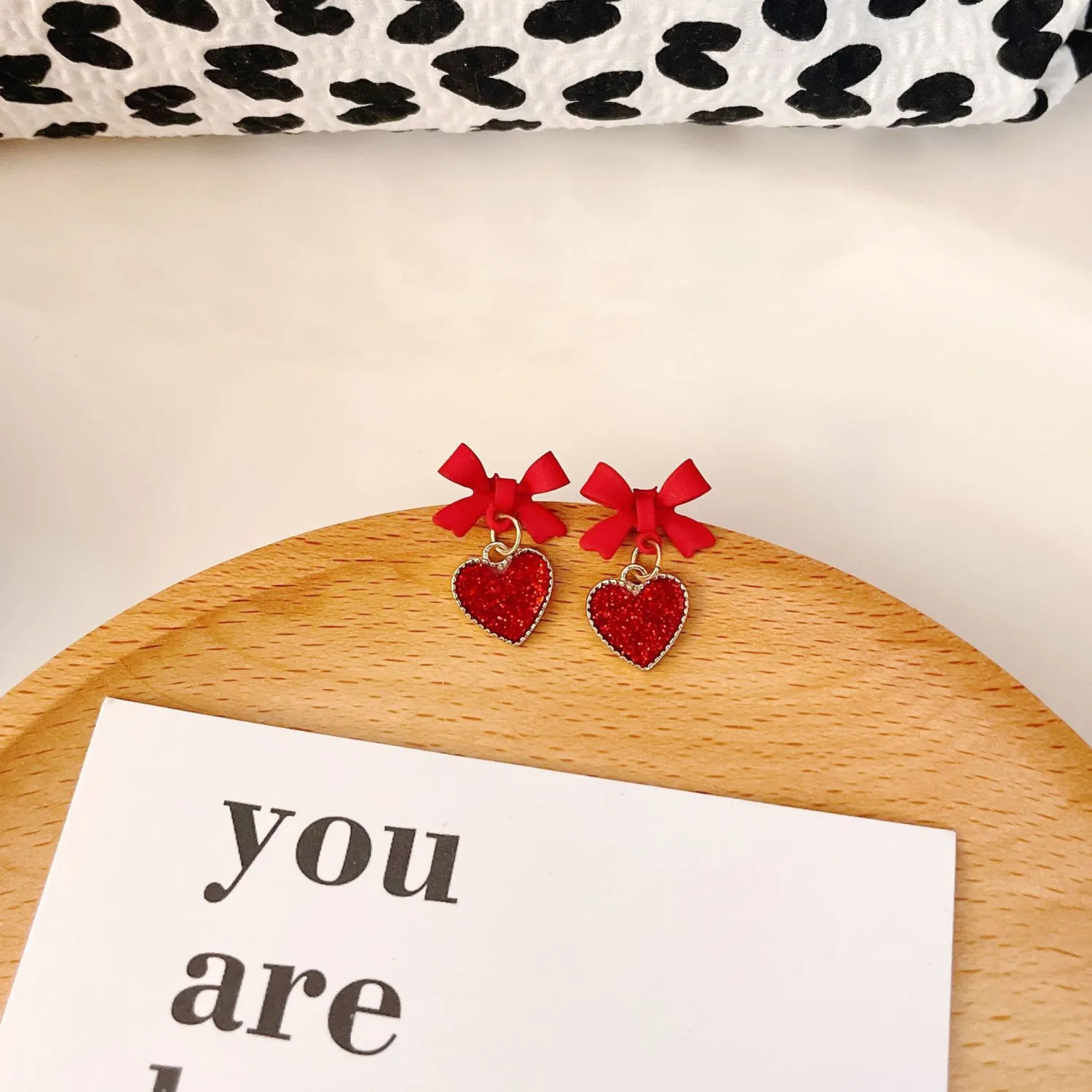 Silver Needle Red Bow Stud Earrings