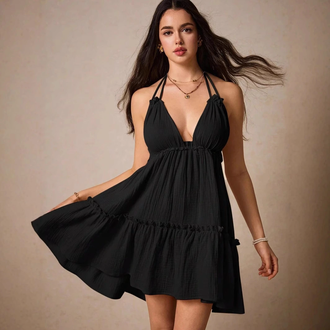 Women's Deep V-neck Drawstring Lace-trimmed Parallel Pleated Backless High-end Dress