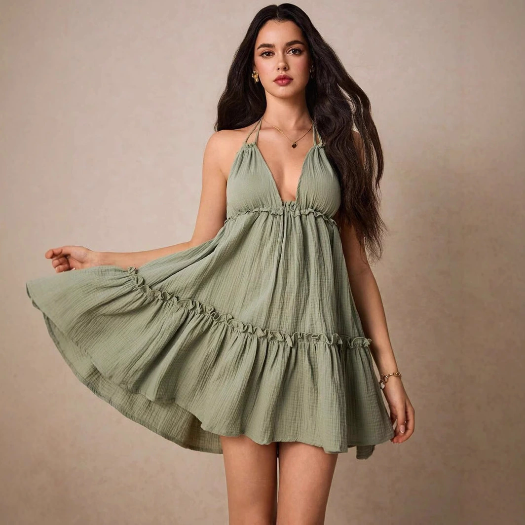 Women's Deep V-neck Drawstring Lace-trimmed Parallel Pleated Backless High-end Dress