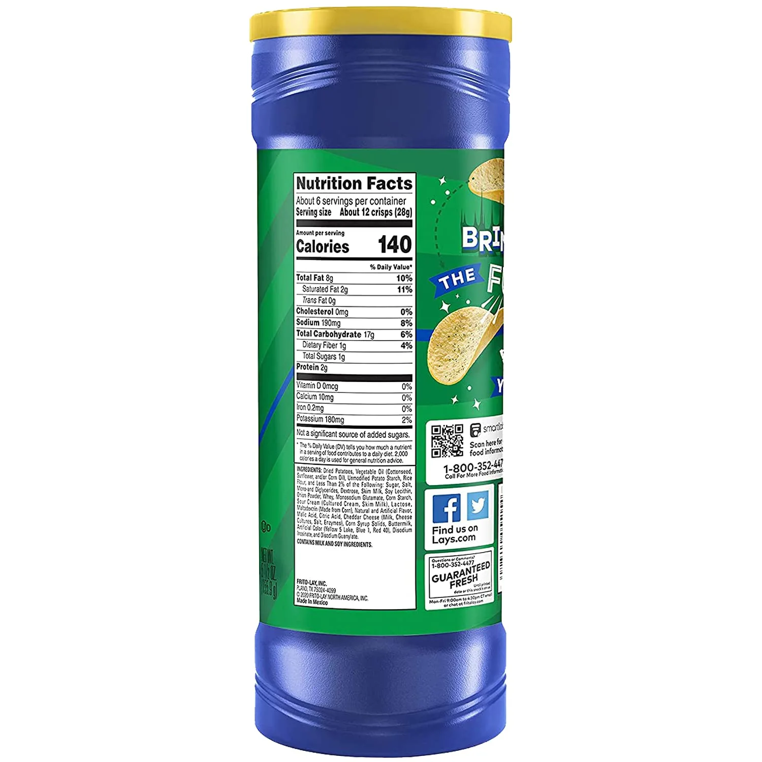Lay’s Stax Potato Crisps Chips, Sour Cream & Onion, Gluten Free, 5.5 Oz Canister Pack