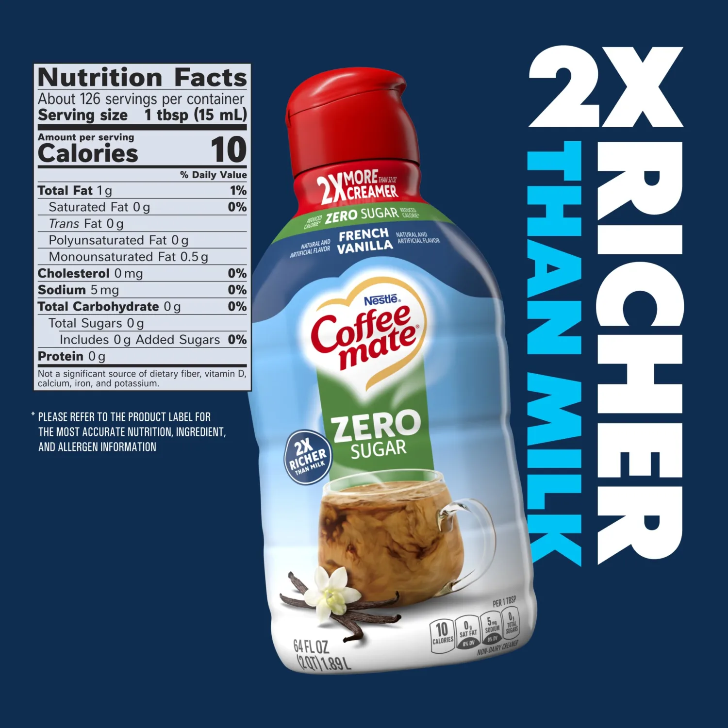 Coffee mate French Vanilla Flavored Coffee Creamer, Zero Sugar, Gluten-Free, Flavored Creamer, Liquid Creamer, 126 Servings