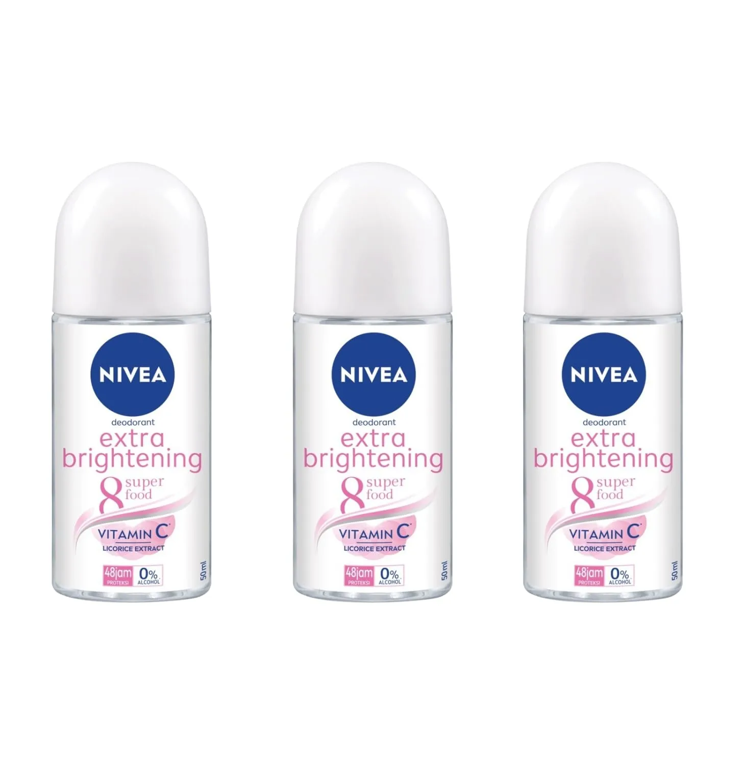 NIVEA Extra Brightening Flavor, Roll-On Deodorant, Alcohol-Free, 48HR Odor Protection, 50ml, 1.69oz, Pack of 3
