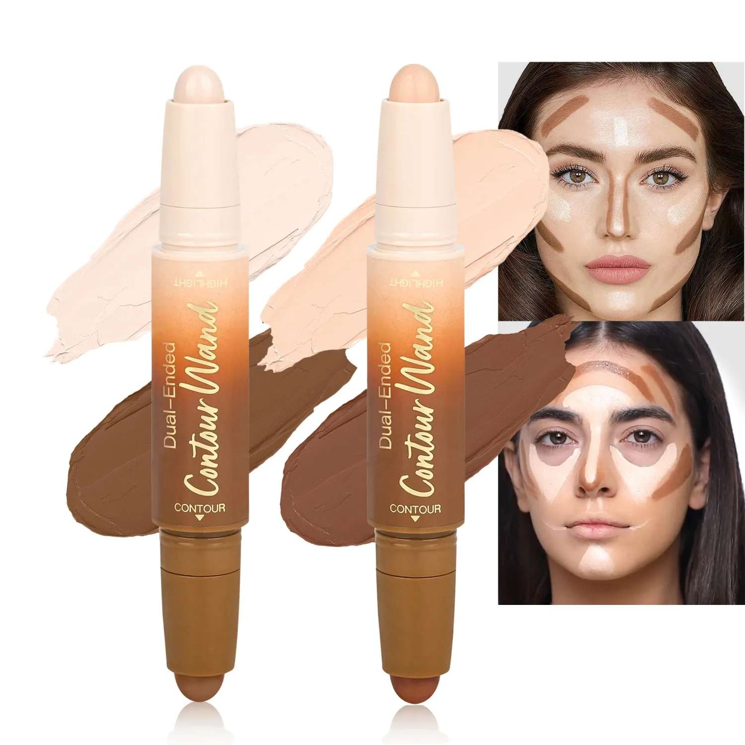 2Pcs Contour Highlighter Stick，2-in-1 Dual-Ended Cream Bronzer & Highlighter Sticks Pen for Face Body Contouring Makeup- Buildable，Waterproof, Easy to Apply Suitable for Beginners(01+02)