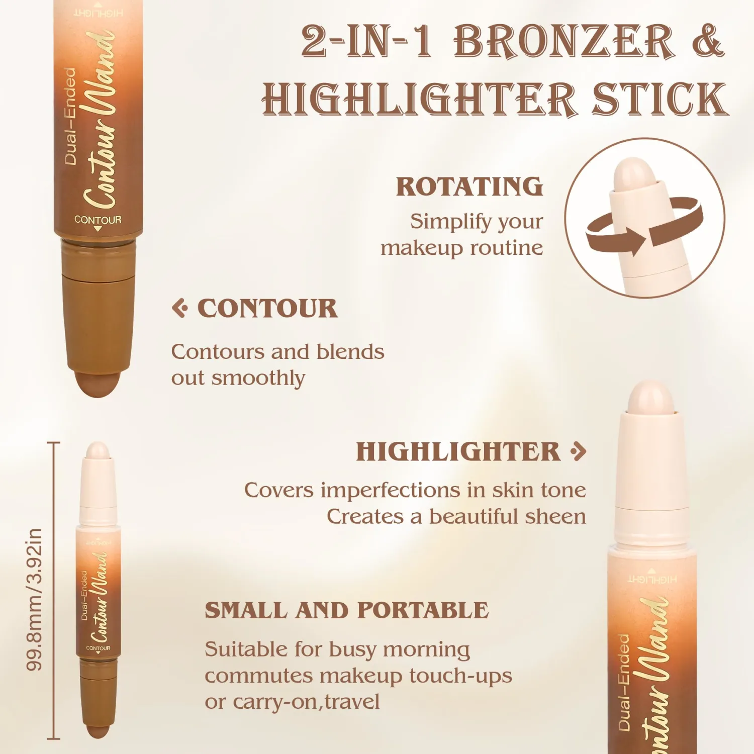 2Pcs Contour Highlighter Stick，2-in-1 Dual-Ended Cream Bronzer & Highlighter Sticks Pen for Face Body Contouring Makeup- Buildable，Waterproof, Easy to Apply Suitable for Beginners(01+02)