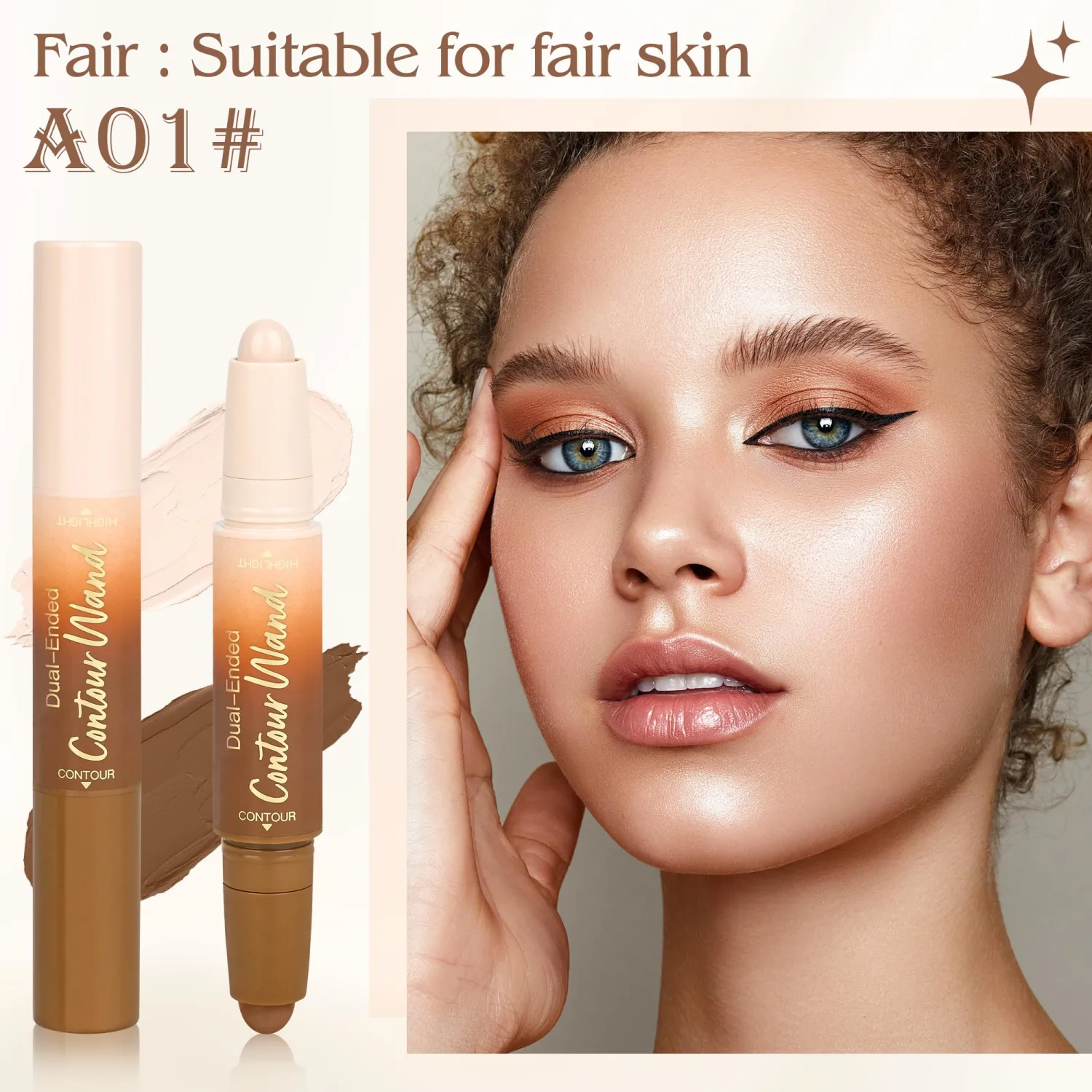 2Pcs Contour Highlighter Stick，2-in-1 Dual-Ended Cream Bronzer & Highlighter Sticks Pen for Face Body Contouring Makeup- Buildable，Waterproof, Easy to Apply Suitable for Beginners(01+02)