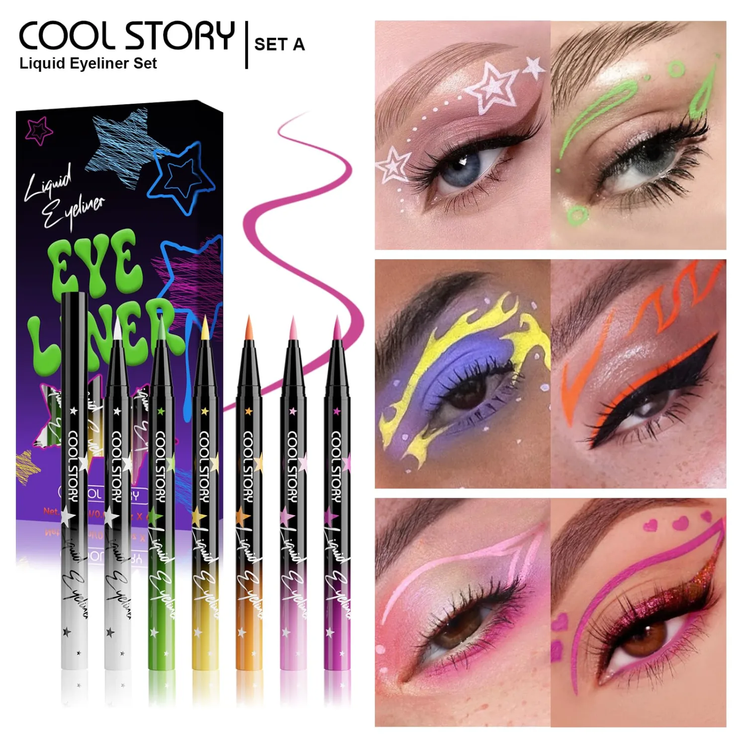 COOL STORY Liquid Eyeliner Waterproof Smudge Proof Eye Liner, 24H Long-Lasting, 0.6ml/0.02 fl.oz (SET-A)